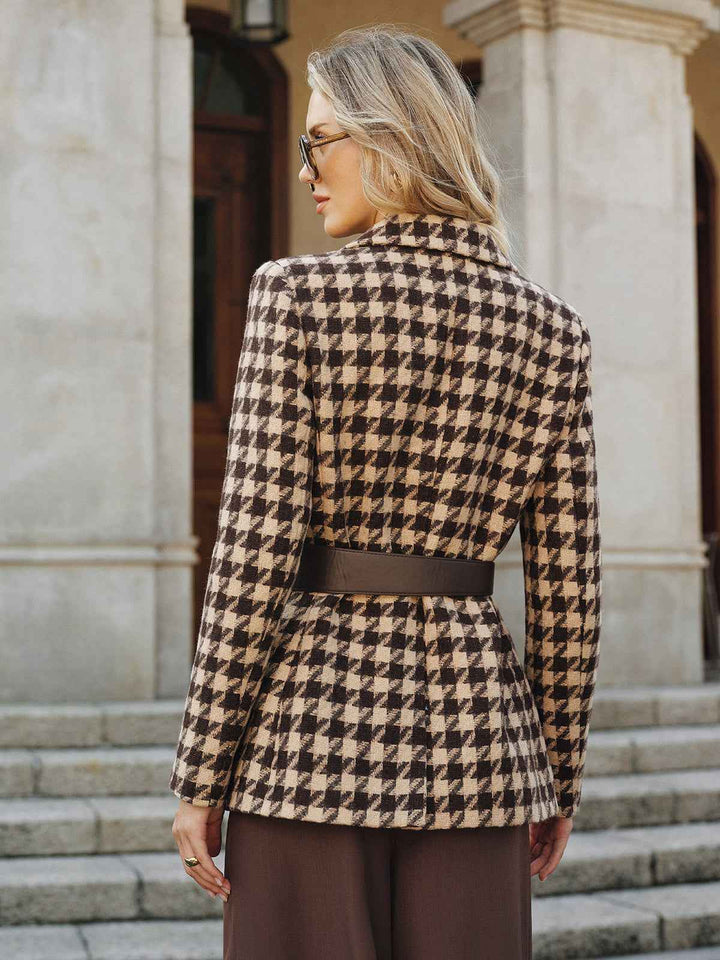 Stilla | Hahnentrit Blazer - Bælte-Design med Lange Ærmer