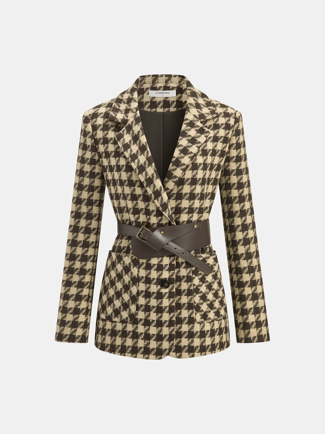 Stilla | Hahnentrit Blazer - Bælte-Design med Lange Ærmer