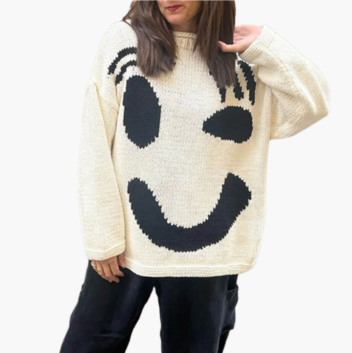Stilla | Strikpullover I Kunstnerstil - Behagelig Fritidsjumper med Abstrakt Ansigtmønster