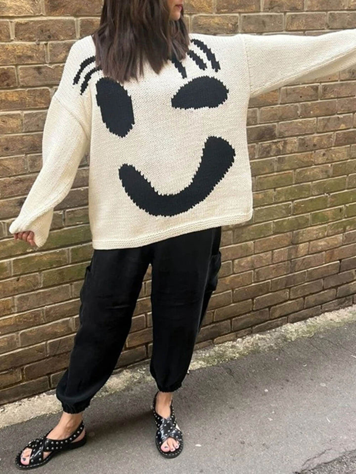 Stilla | Strikpullover I Kunstnerstil - Behagelig Fritidsjumper med Abstrakt Ansigtmønster