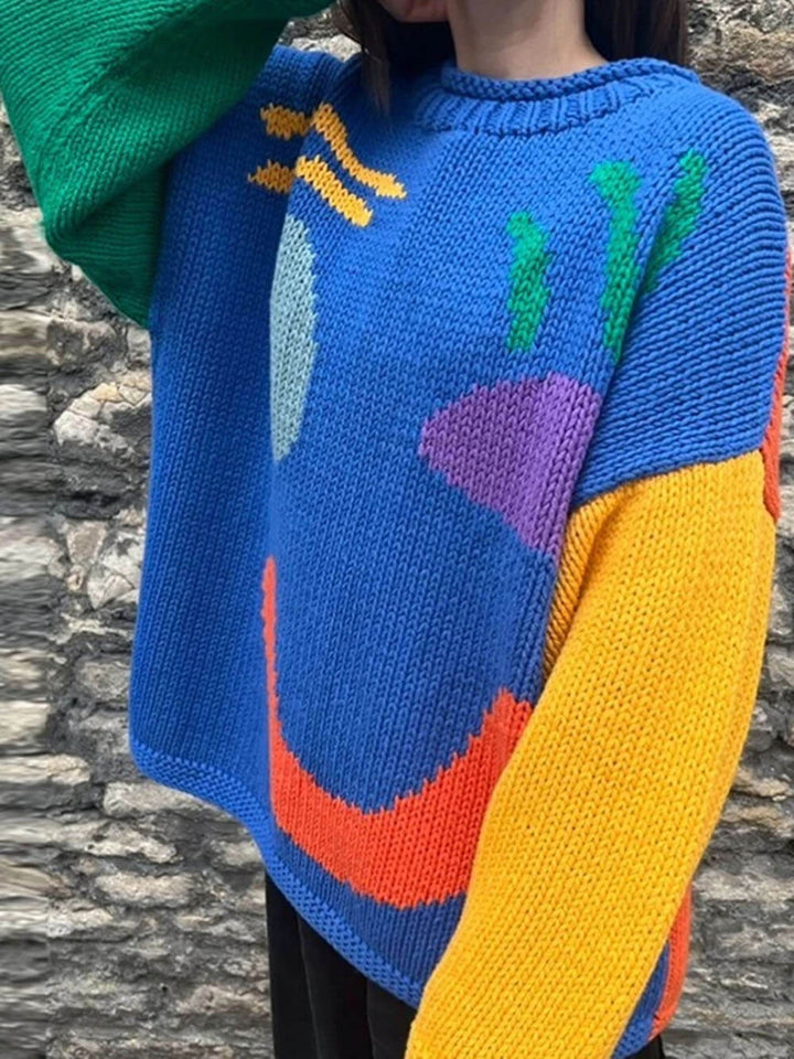 Stilla | Strikpullover I Kunstnerstil - Behagelig Fritidsjumper med Abstrakt Ansigtmønster