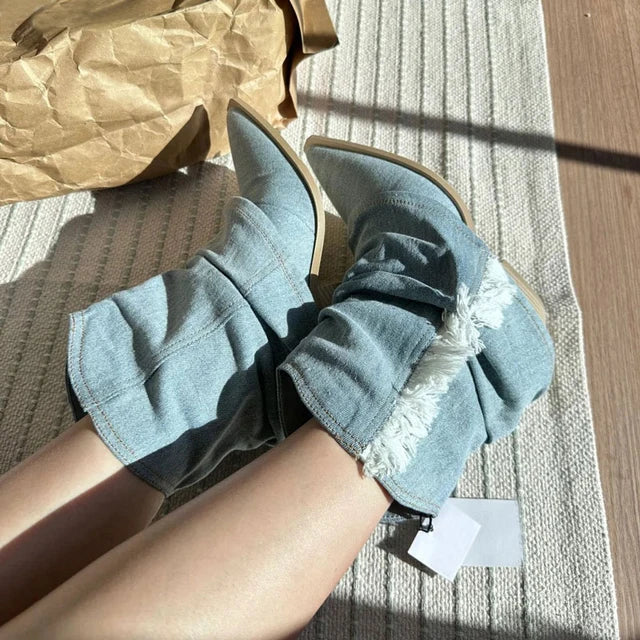 Stilla | Blå Denim Lårhøje Støvler