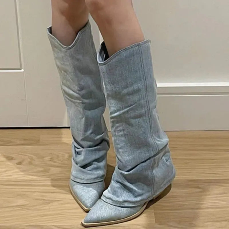 Stilla | Blå Denim Lårhøje Støvler