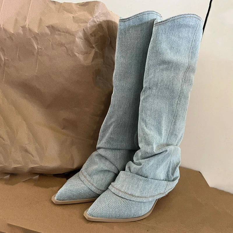 Stilla | Blå Denim Lårhøje Støvler