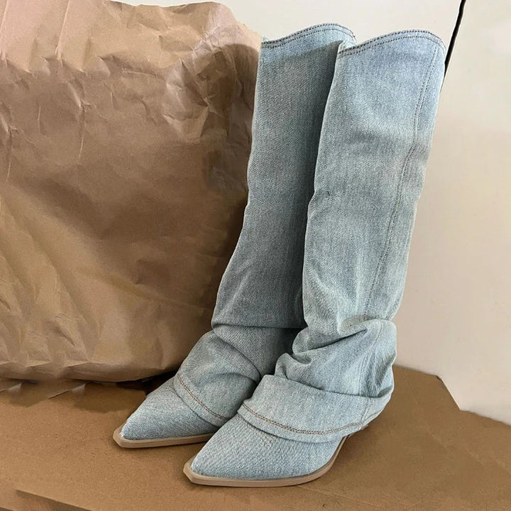 Stilla | Blå Denim Lårhøje Støvler