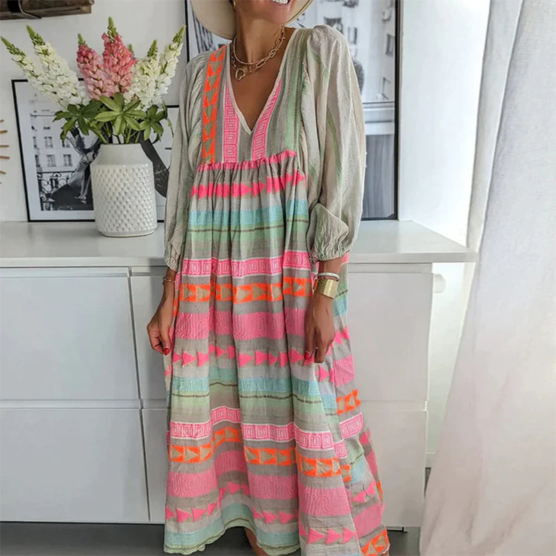 Stilla | Geometrisk Patchwork Vintage Maxi Kjole