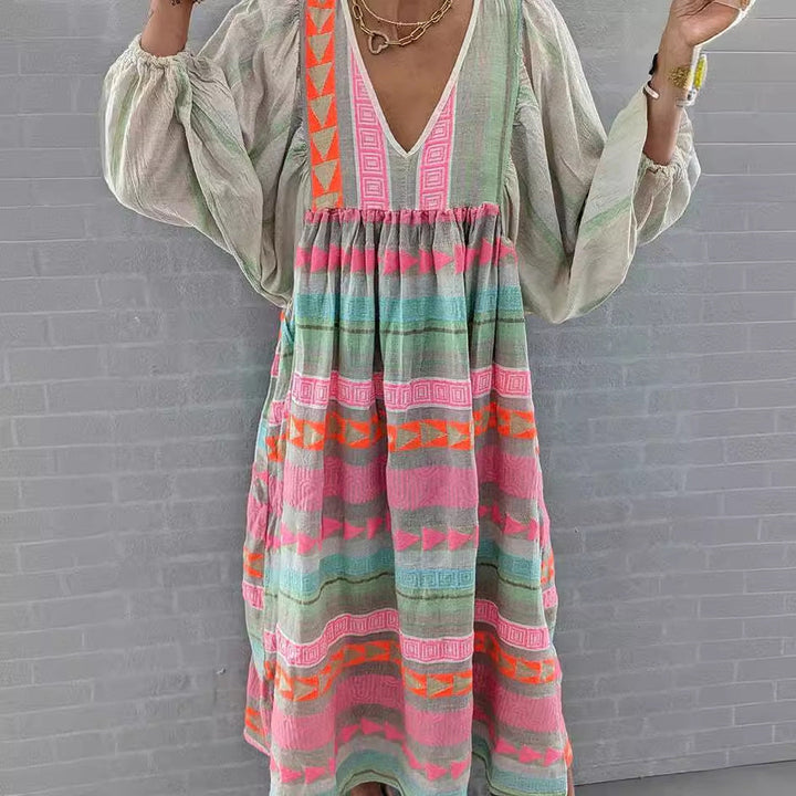 Stilla | Geometrisk Patchwork Vintage Maxi Kjole