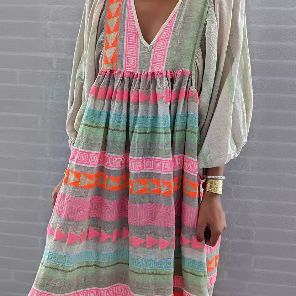 Stilla | Geometrisk Patchwork Vintage Maxi Kjole