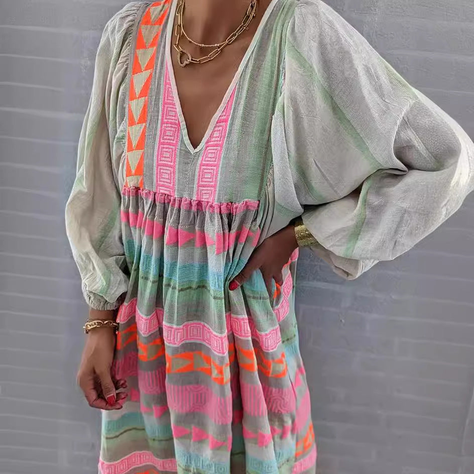 Stilla | Geometrisk Patchwork Vintage Maxi Kjole