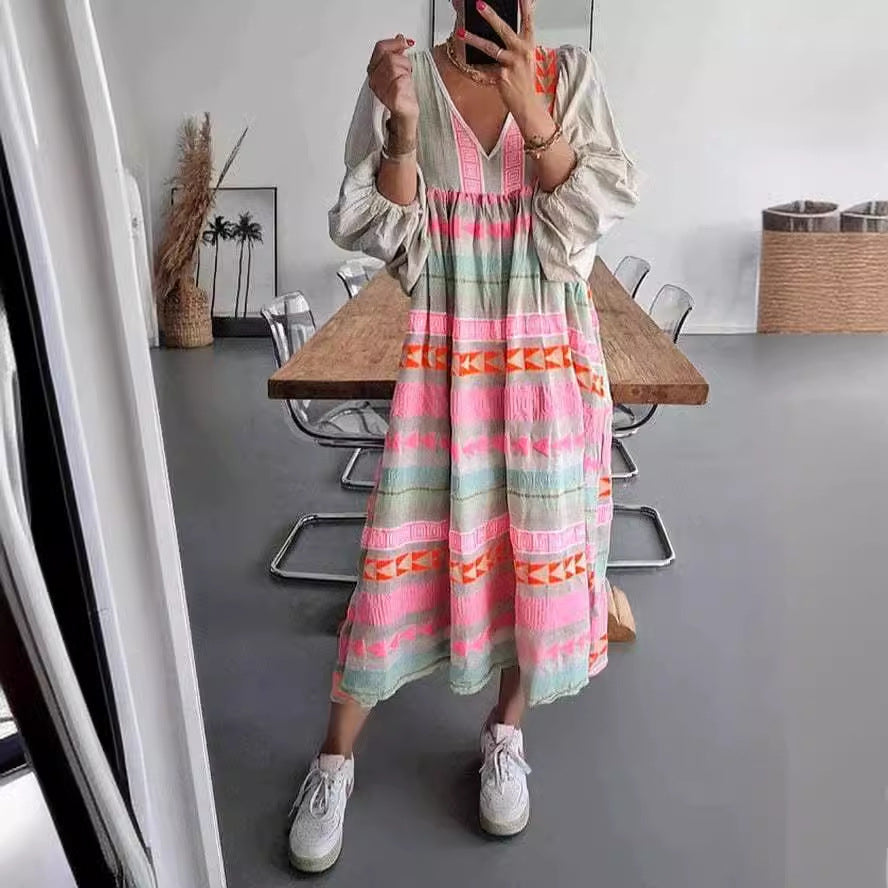 Stilla | Geometrisk Patchwork Vintage Maxi Kjole