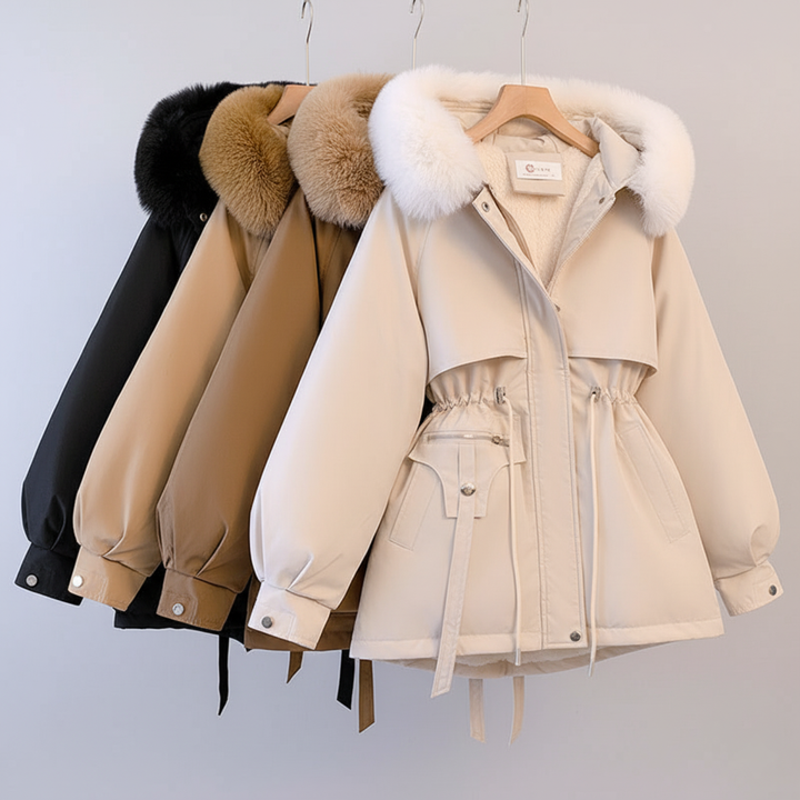 Stilla | Dameparka med pelsforet hætte og justerbar talje Store størrelser