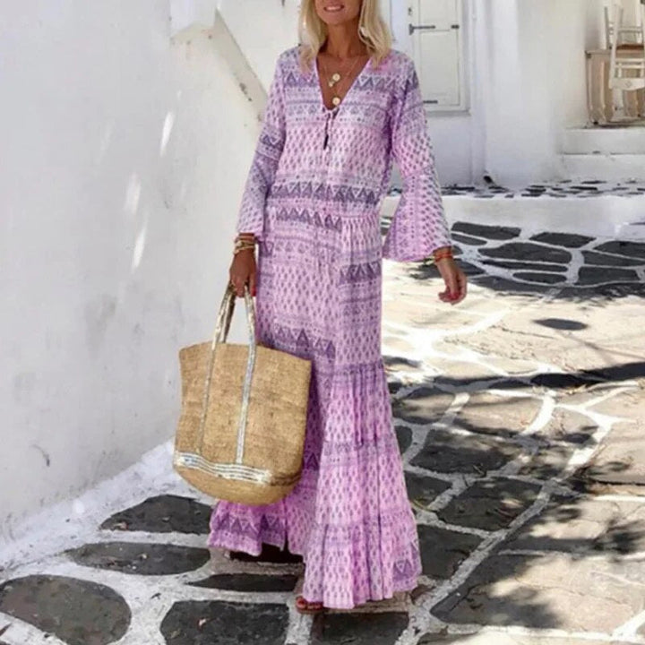 Stilla | Casual Print Patchwork V Hals Kage Kjole