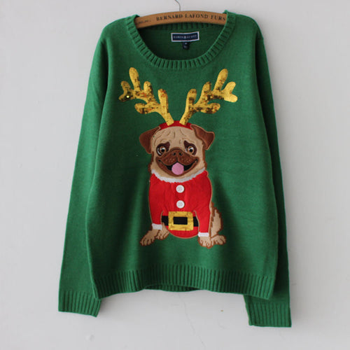 Stilla | Varm Strikpullover Med Julefransk Bulldog og Broderede Glimmersten Til Kvinder