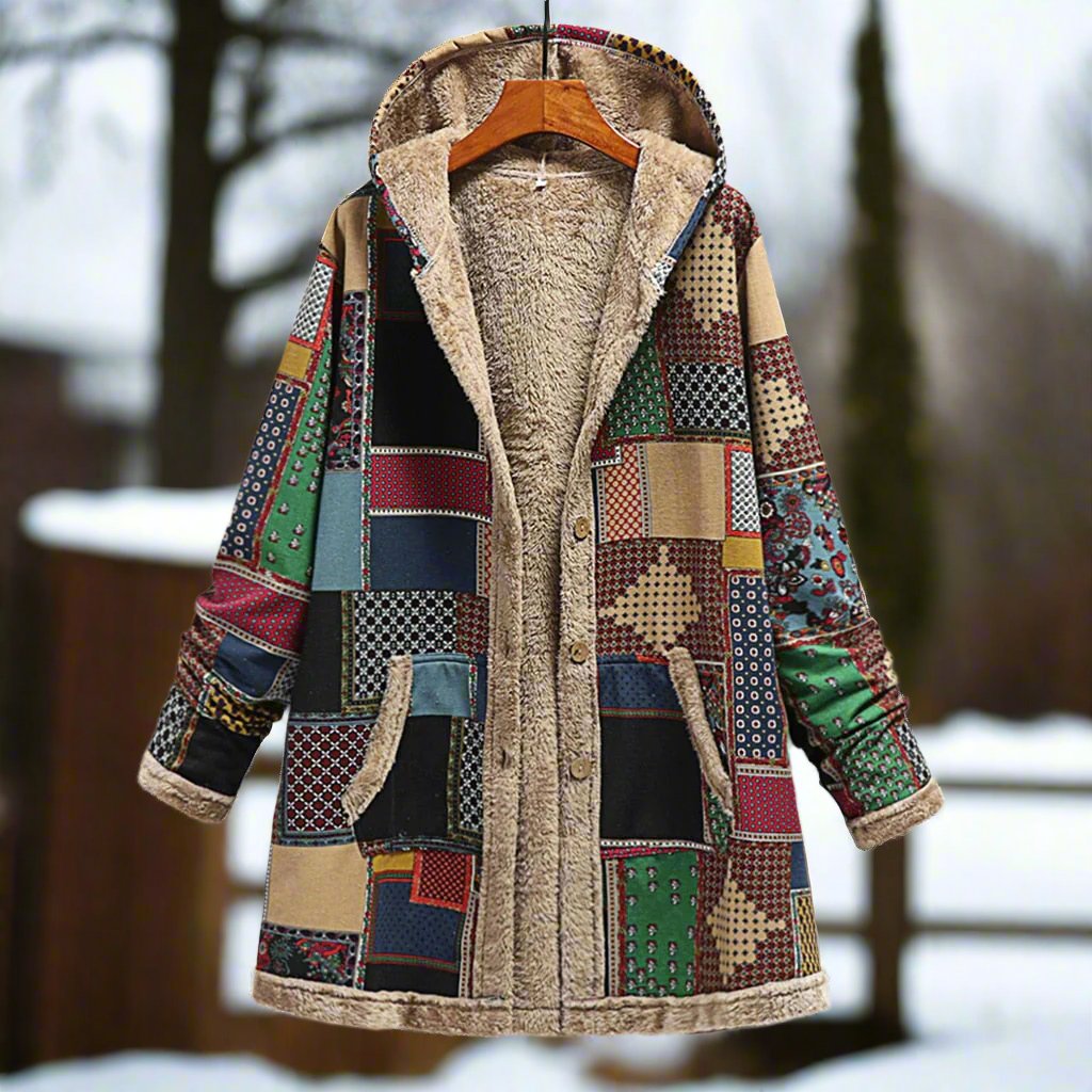 Stilla | Lang Patchwork-frakke Fleece-foret Hætte & Knaplukning Casual look