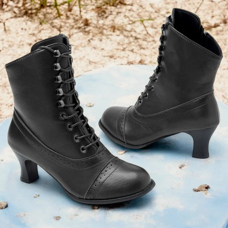 Stilla | Dame Viktoriansk Brun Mid-heel Snørestøvler med Lynlås