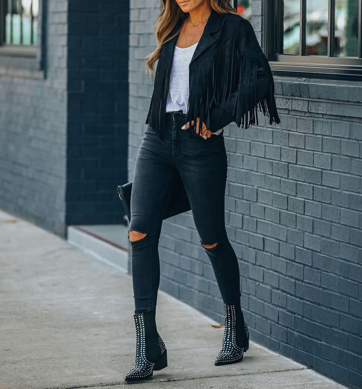 Stilla | Fringe jacket - Short with lapel collar