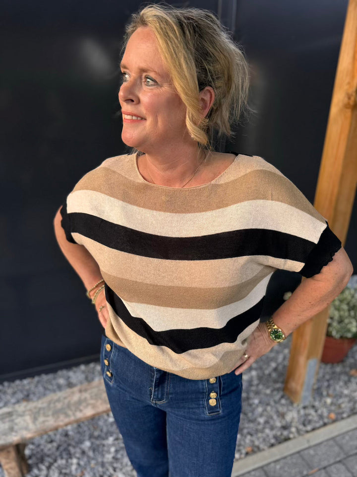 Stilla | Fine Strikket Bluse Sort Beige Hvid