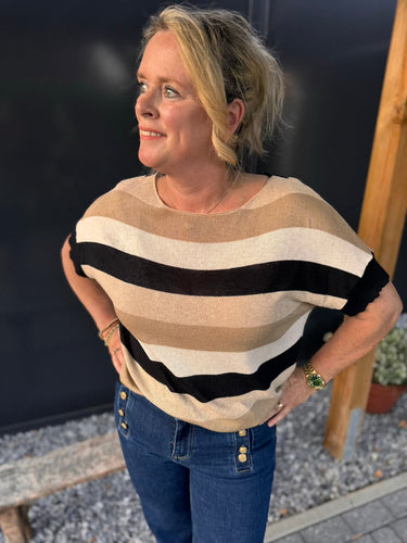 Stilla | Fine Strikket Bluse Sort Beige Hvid