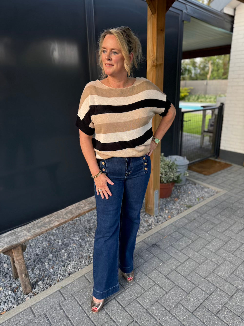 Stilla | Fine Strikket Bluse Sort Beige Hvid