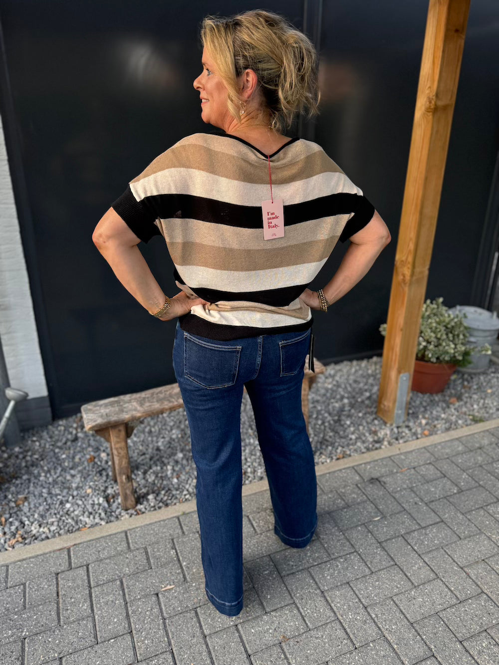 Stilla | Fine Strikket Bluse Sort Beige Hvid