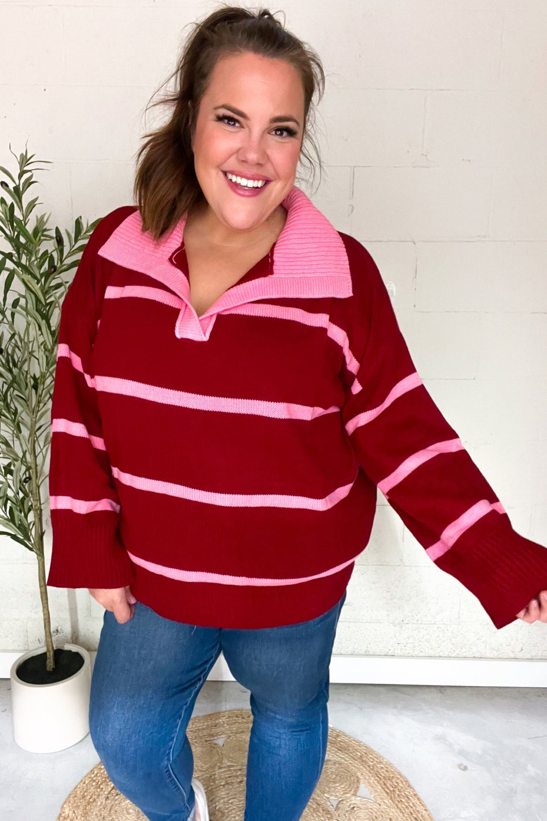 Stilla | Overdimensioneret Pullover Med Udstoppet Krave og Lilla Striber