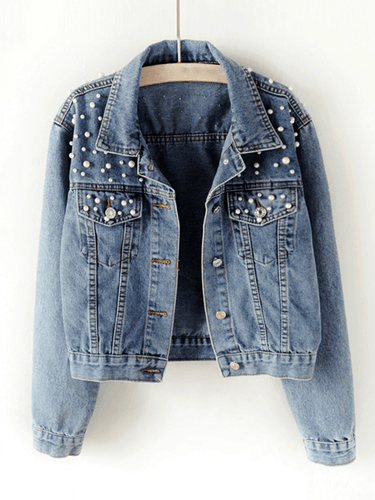 Stilla | Jeansjakke, Knaplommer, Strassperler, Slåkrave, Lange ærmer, Dame mode, Casual, Plus size, Casual