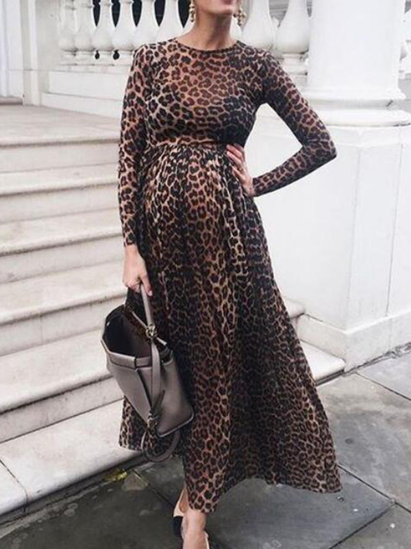 Stilla | Graviditetskjole Med Leopardskær a Høj Talje Elegante Maxi Kjoler Kjole