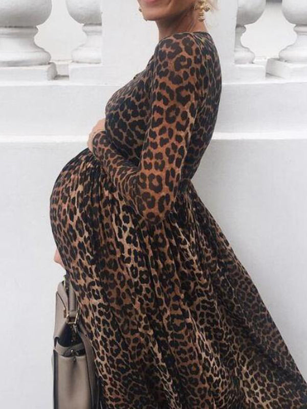 Stilla | Graviditetskjole Med Leopardskær a Høj Talje Elegante Maxi Kjoler Kjole