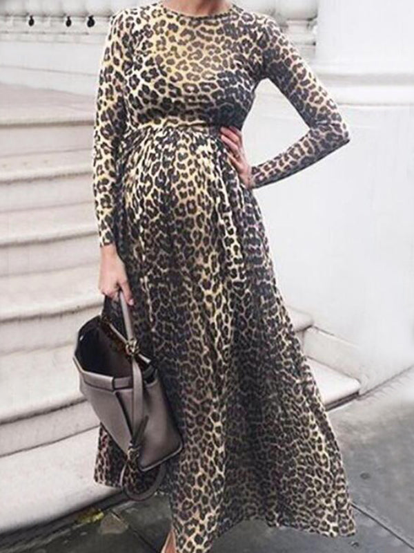 Stilla | Graviditetskjole Med Leopardskær a Høj Talje Elegante Maxi Kjoler Kjole