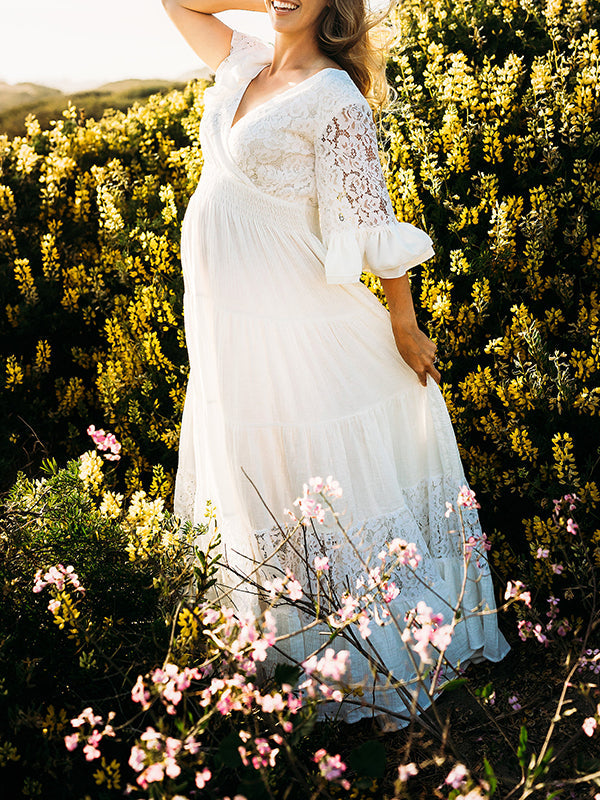 Stilla | Kjole Til Gravide for Solid Color Lace Ruffles Transparent Baby Shower Dress Elegante Kjoler Til Gravide
