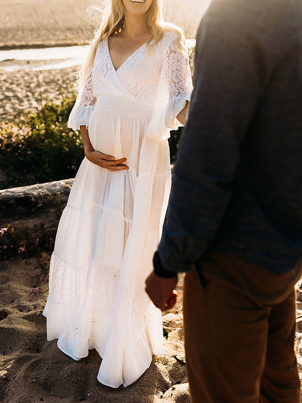 Stilla | Kjole Til Gravide for Solid Color Lace Ruffles Transparent Baby Shower Dress Elegante Kjoler Til Gravide