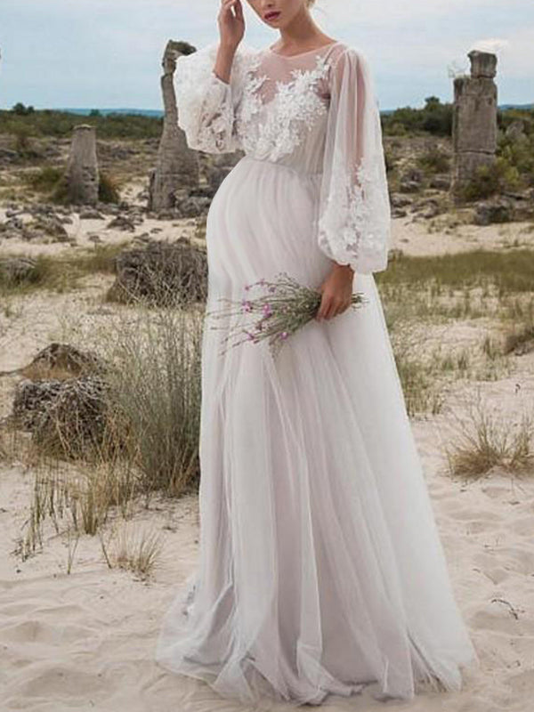Stilla | Blonde Net Lanternmanchet Elegante Mode Chic Premaman Kjoler Specielle Anledninger Maxi Kjoler