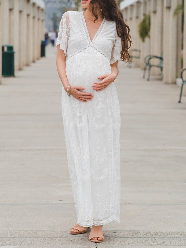 Stilla | Dyb V-hals Høj Talje Elegante Kjoler Til Fotografi in Lace Maxi Kjoler