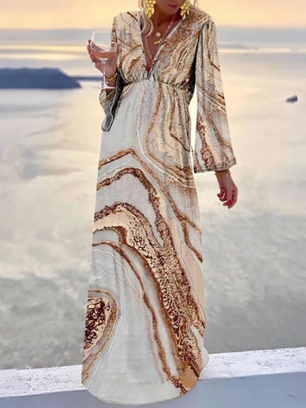 Stilla | Blomstret Høj Talje Dybt V-hals Lange Ferie Festkjoler Gravidkjoler