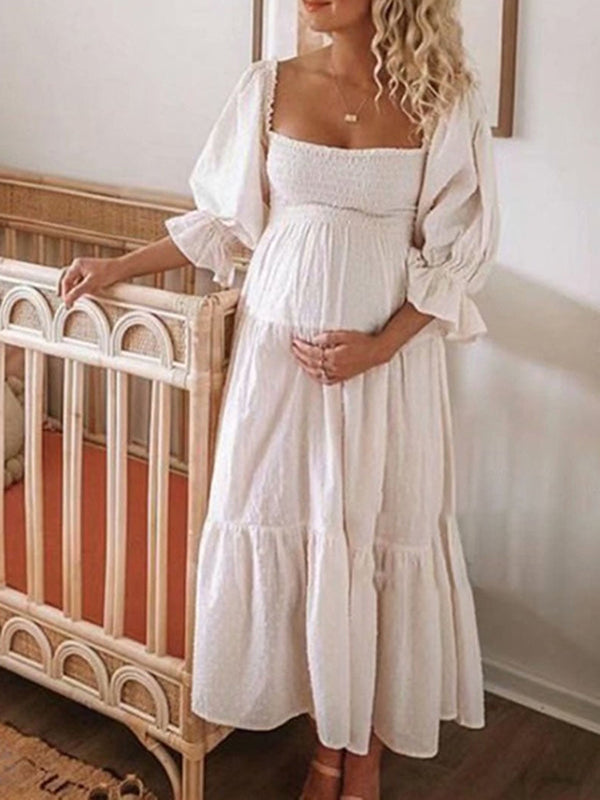 Stilla | Gravidkjole for Hvid Uden Stropper Åben Skuldre Flæser Maternity Kjoler Elegante Gravidkjoler