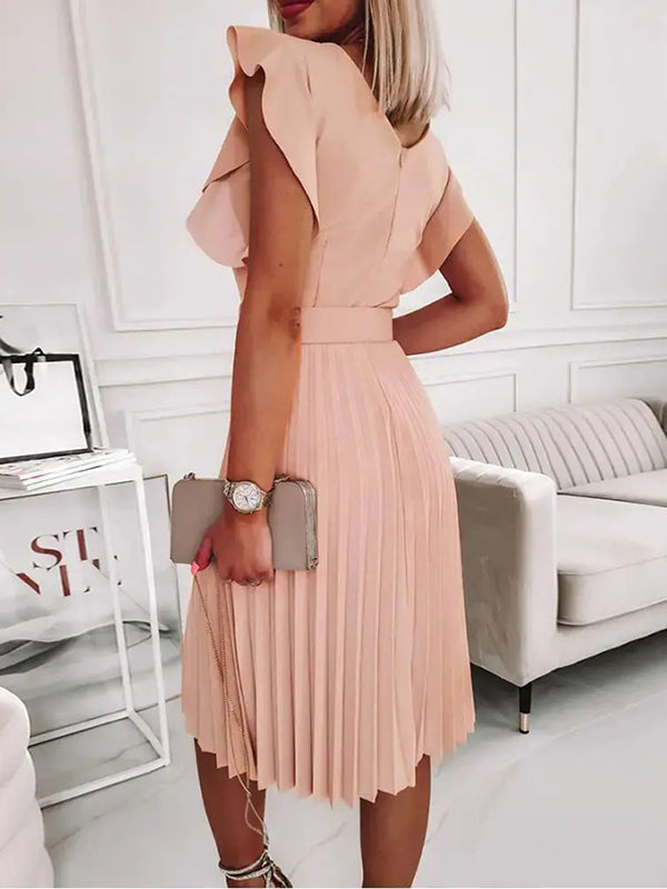 Stilla | Ensfarvet Flæser Plisseret Rund Hals Midi Ferie Elegante Maternity Kjoler