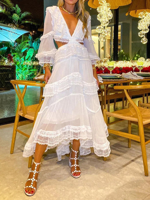 Stilla | Kjole Til Gravide for White Ruffles Transparent Net Deep V-neck Elegante Kjoler Til Gravide