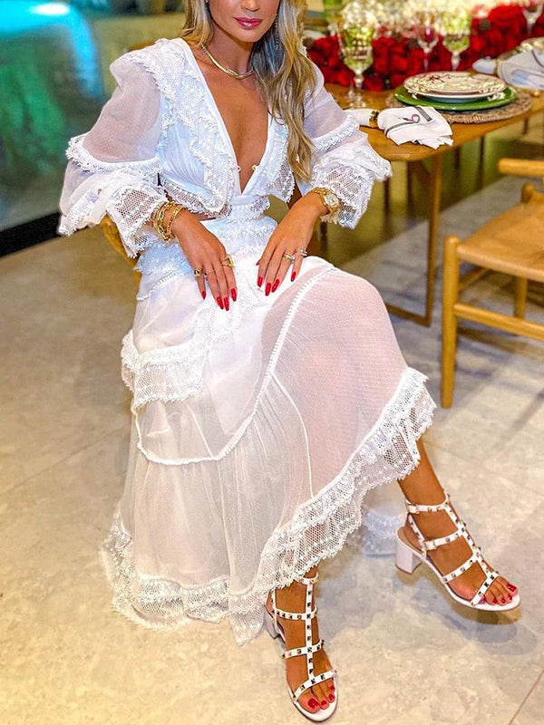 Stilla | Kjole Til Gravide for White Ruffles Transparent Net Deep V-neck Elegante Kjoler Til Gravide