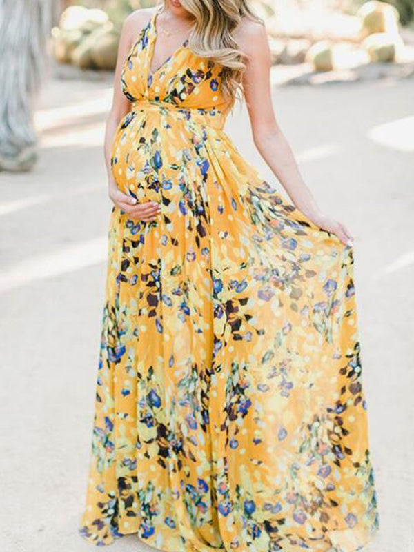 Stilla | Gravidkjole Til Blomstermønster Knyttestropper Ved Hals Strand Chiffon Gravid Mini Kjoler Kjole