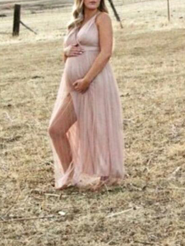 Stilla | Langt Graviditetskjole Med V-udskæring Granatina Uden Stropper Med Stropper