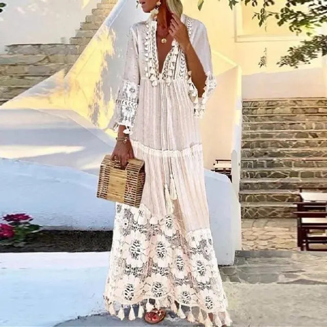 Stilla | Bohemian Lang Kjole Med Blonder Og Kvaster