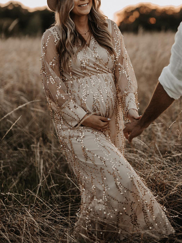 Stilla | Abrikos Elegante Boheme Pailletter Frynser Chiffon V-hals Maxi Kjoler Fotografisk Graviditet Robe