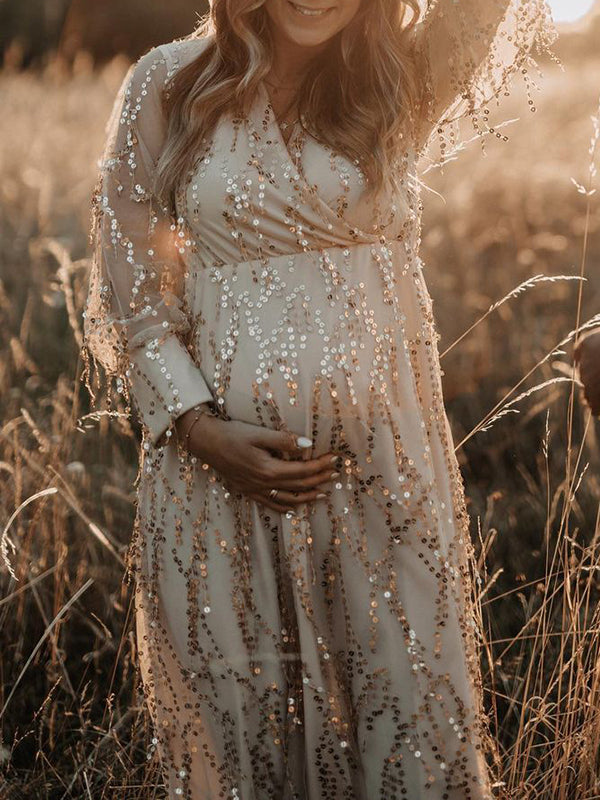 Stilla | Abrikos Elegante Boheme Pailletter Frynser Chiffon V-hals Maxi Kjoler Fotografisk Graviditet Robe