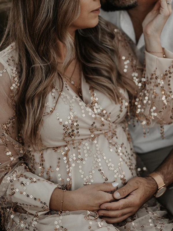 Stilla | Abrikos Elegante Boheme Pailletter Frynser Chiffon V-hals Maxi Kjoler Fotografisk Graviditet Robe