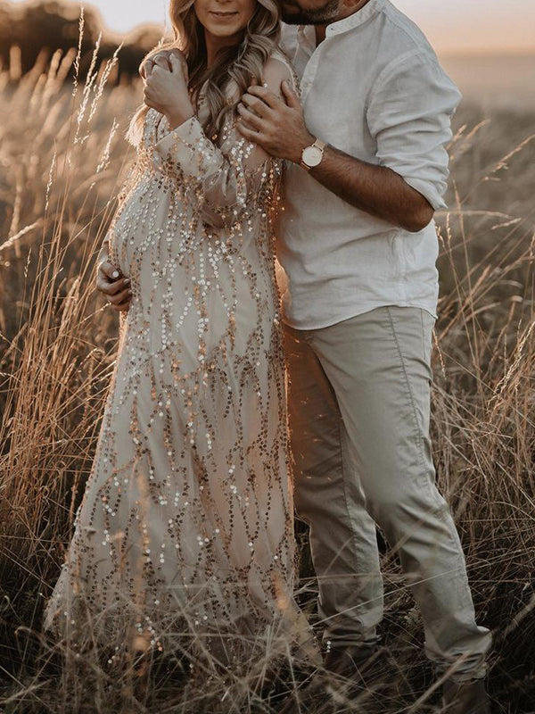 Stilla | Abrikos Elegante Boheme Pailletter Frynser Chiffon V-hals Maxi Kjoler Fotografisk Graviditet Robe