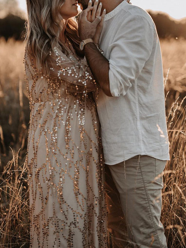 Stilla | Abrikos Elegante Boheme Pailletter Frynser Chiffon V-hals Maxi Kjoler Fotografisk Graviditet Robe