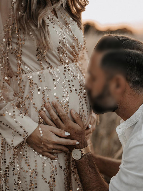 Stilla | Abrikos Elegante Boheme Pailletter Frynser Chiffon V-hals Maxi Kjoler Fotografisk Graviditet Robe