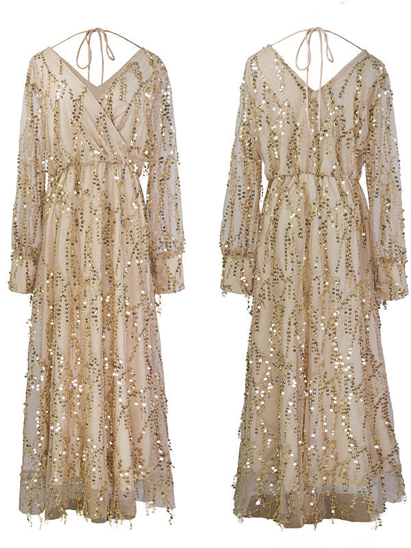 Stilla | Abrikos Elegante Boheme Pailletter Frynser Chiffon V-hals Maxi Kjoler Fotografisk Graviditet Robe