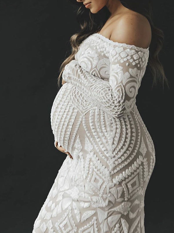 Stilla | Hvid Dækpude Pailletter Bare Skuldre Fishtail Elegante Tynd Bubble Ærme Fest Maxi Kjoler Fotografisk Gravidkjole