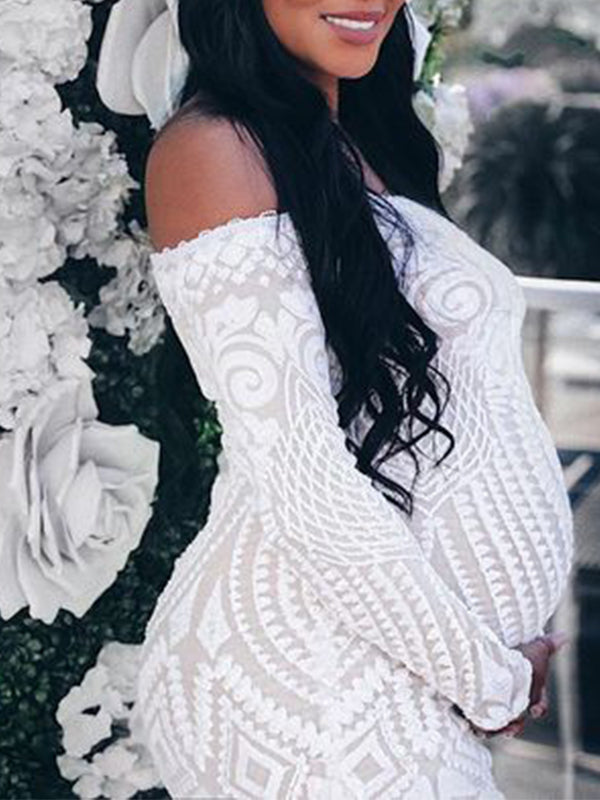 Stilla | Hvid Dækpude Pailletter Bare Skuldre Fishtail Elegante Tynd Bubble Ærme Fest Maxi Kjoler Fotografisk Gravidkjole